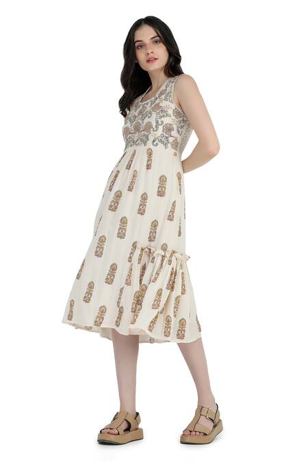 Shruti Sancheti Cream Viscose, Crepe, Linen Beads, Embroidery Round Neck Cord And Printed Dress Online at Aza Fashions Shruti Sancheti_Cream Viscose, Crepe, Linen Beads, Embroidery Round Neck Cord And Printed Dress_Online_at_Aza_Fashions