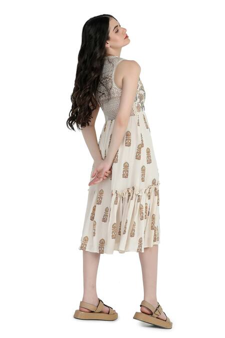 Shop Shruti Sancheti Cream Viscose, Crepe, Linen Beads, Embroidery Round Neck Cord And Printed Dress Online at Aza Fashions Shop_Shruti Sancheti_Cream Viscose, Crepe, Linen Beads, Embroidery Round Neck Cord And Printed Dress_Online_at_Aza_Fashions