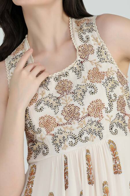 Shruti Sancheti Cream Viscose, Crepe, Linen Beads, Embroidery Round Neck Cord And Printed Dress at Aza Fashions Shruti Sancheti_Cream Viscose, Crepe, Linen Beads, Embroidery Round Neck Cord And Printed Dress_at_Aza_Fashions