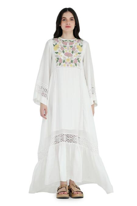 Shruti Sancheti_White Silk Embroidery Round Neck Mulmul High Low Midi Dress_Online_at_Aza_Fashions