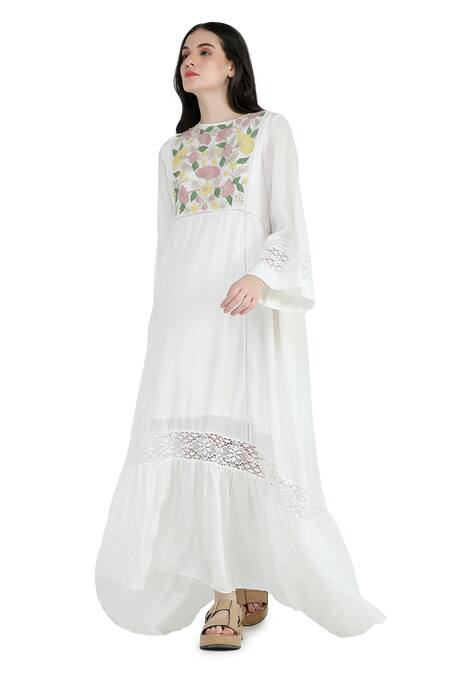 Buy_Shruti Sancheti_White Silk Embroidery Round Neck Mulmul High Low Midi Dress_Online_at_Aza_Fashions