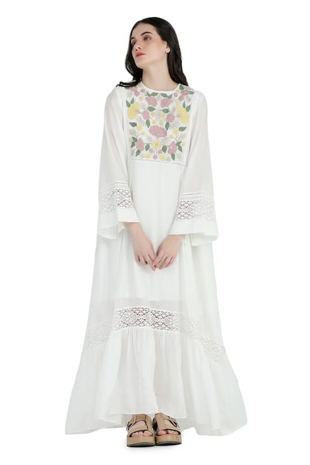 Shop_Shruti Sancheti_White Silk Embroidery Round Neck Mulmul High Low Midi Dress_Online_at_Aza_Fashions