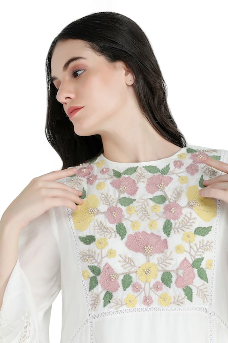 Shruti Sancheti_White Silk Embroidery Round Neck Mulmul High Low Midi Dress_at_Aza_Fashions