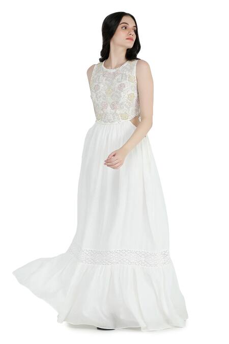 Shruti Sancheti White Silk Embroidery Round Neck Cord Work Cutout Tiered Maxi Dress Online at Aza Fashions Shruti Sancheti_White Silk Embroidery Round Neck Cord Work Cutout Tiered Maxi Dress_Online_at_Aza_Fashions