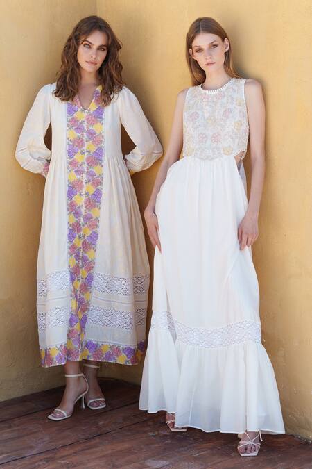 Buy Shruti Sancheti White Silk Embroidery Round Neck Cord Work Cutout Tiered Maxi Dress Online at Aza Fashions Buy_Shruti Sancheti_White Silk Embroidery Round Neck Cord Work Cutout Tiered Maxi Dress_Online_at_Aza_Fashions