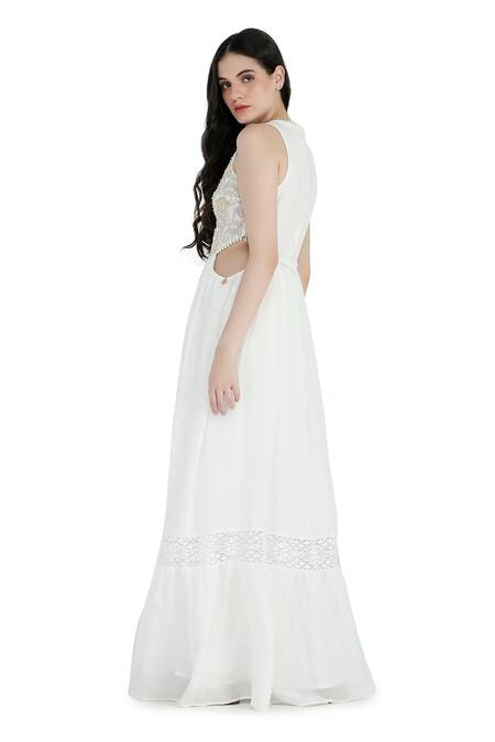 Shop Shruti Sancheti White Silk Embroidery Round Neck Cord Work Cutout Tiered Maxi Dress Online at Aza Fashions Shop_Shruti Sancheti_White Silk Embroidery Round Neck Cord Work Cutout Tiered Maxi Dress_Online_at_Aza_Fashions