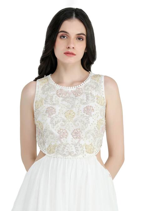 Shruti Sancheti White Silk Embroidery Round Neck Cord Work Cutout Tiered Maxi Dress at Aza Fashions Shruti Sancheti_White Silk Embroidery Round Neck Cord Work Cutout Tiered Maxi Dress_at_Aza_Fashions