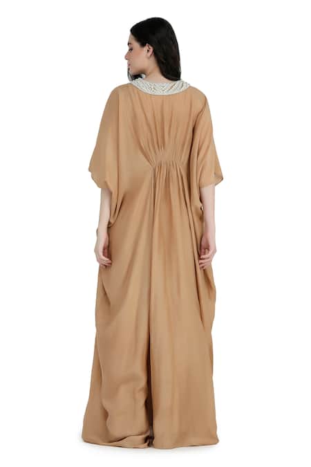 Shop Shruti Sancheti Brown Silk Pearls V-neck Mulmul Gathered Work Kaftan at Aza Fashions Shop_Shruti Sancheti_Brown Silk Pearls V-neck Mulmul Gathered Work Kaftan _at_Aza_Fashions