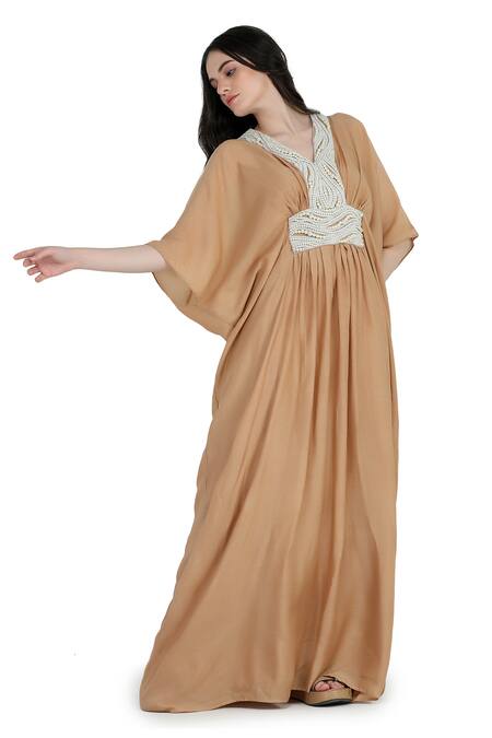 Shruti Sancheti Brown Silk Pearls V-neck Mulmul Gathered Work Kaftan Online at Aza Fashions Shruti Sancheti_Brown Silk Pearls V-neck Mulmul Gathered Work Kaftan _Online_at_Aza_Fashions