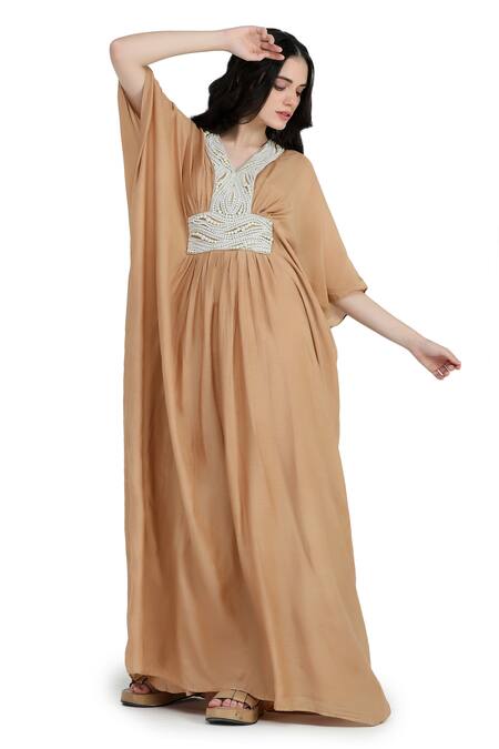 Buy Shruti Sancheti Brown Silk Pearls V-neck Mulmul Gathered Work Kaftan Online at Aza Fashions Buy_Shruti Sancheti_Brown Silk Pearls V-neck Mulmul Gathered Work Kaftan _Online_at_Aza_Fashions