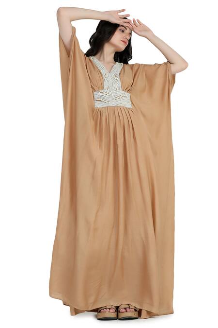 Shop Shruti Sancheti Brown Silk Pearls V-neck Mulmul Gathered Work Kaftan Online at Aza Fashions Shop_Shruti Sancheti_Brown Silk Pearls V-neck Mulmul Gathered Work Kaftan _Online_at_Aza_Fashions