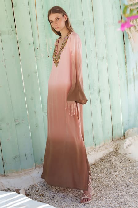 Shop Shruti Sancheti Brown Viscose, Crepe, Linen Beads, Sequins V-neck And Embroidered Kaftan at Aza Fashions Shop_Shruti Sancheti_Brown Viscose, Crepe, Linen Beads, Sequins V-neck And Embroidered Kaftan _at_Aza_Fashions