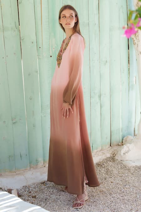 Shruti Sancheti Brown Viscose, Crepe, Linen Beads, Sequins V-neck And Embroidered Kaftan Online at Aza Fashions Shruti Sancheti_Brown Viscose, Crepe, Linen Beads, Sequins V-neck And Embroidered Kaftan _Online_at_Aza_Fashions