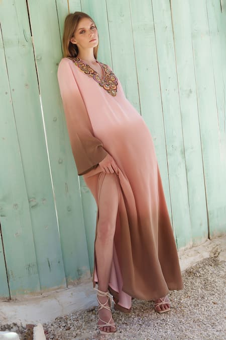 Shop Shruti Sancheti Brown Viscose, Crepe, Linen Beads, Sequins V-neck And Embroidered Kaftan Online at Aza Fashions Shop_Shruti Sancheti_Brown Viscose, Crepe, Linen Beads, Sequins V-neck And Embroidered Kaftan _Online_at_Aza_Fashions