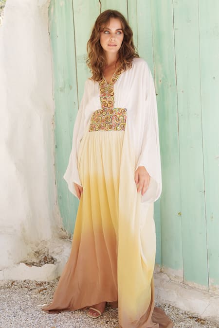 Shop Shruti Sancheti Multi Color Viscose, Crepe, Linen Crystals, Beads Embroidered Yoke Ombre Kaftan at Aza Fashions Shop_Shruti Sancheti_Multi Color Viscose, Crepe, Linen Crystals, Beads Embroidered Yoke Ombre Kaftan _at_Aza_Fashions