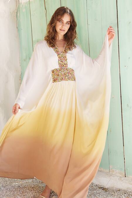 Shruti Sancheti Multi Color Viscose, Crepe, Linen Crystals, Beads Embroidered Yoke Ombre Kaftan Online at Aza Fashions Shruti Sancheti_Multi Color Viscose, Crepe, Linen Crystals, Beads Embroidered Yoke Ombre Kaftan _Online_at_Aza_Fashions
