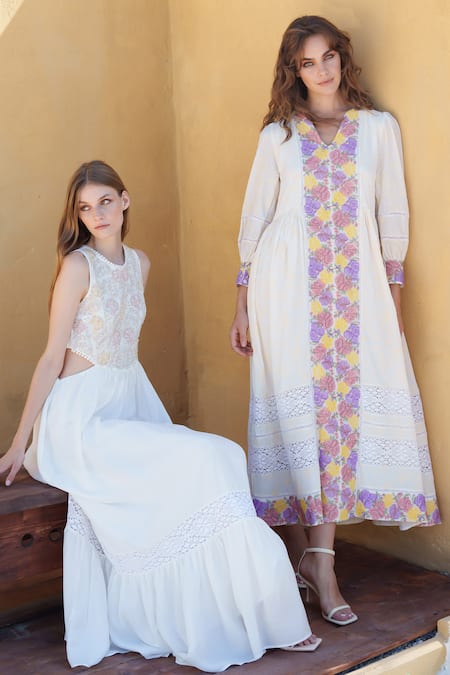 Shop_Shruti Sancheti_White Silk Embroidery V-neck Cross Stitch Bloom Midi Dress _at_Aza_Fashions