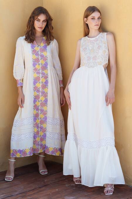Shruti Sancheti_White Silk Embroidery V-neck Cross Stitch Bloom Midi Dress _Online_at_Aza_Fashions