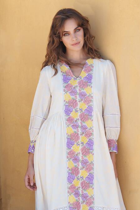 Buy_Shruti Sancheti_White Silk Embroidery V-neck Cross Stitch Bloom Midi Dress _Online_at_Aza_Fashions