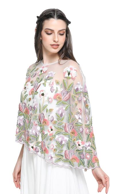 Buy_Shruti Sancheti_White Viscose Embroidery Off-shoulder Blossom Cape With Off Jumpsuit _Online_at_Aza_Fashions