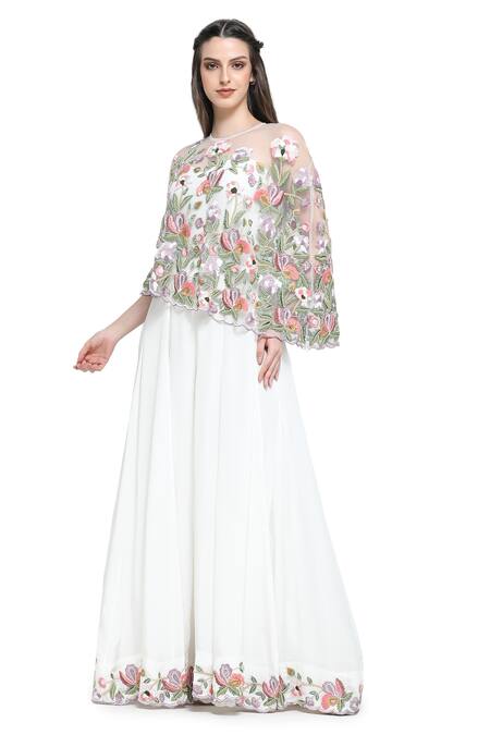 Shop_Shruti Sancheti_White Viscose Embroidery Off-shoulder Blossom Cape With Off Jumpsuit _Online_at_Aza_Fashions