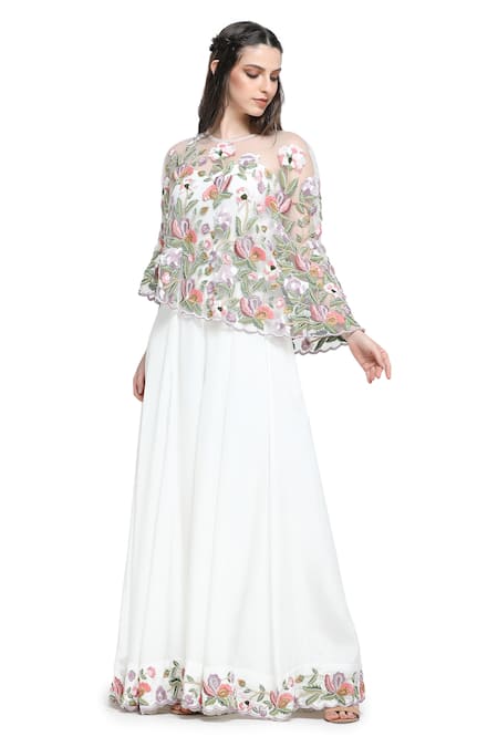 Shruti Sancheti_White Viscose Embroidery Off-shoulder Blossom Cape With Off Jumpsuit _at_Aza_Fashions
