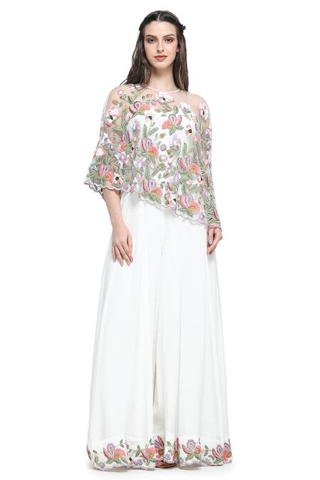 Buy_Shruti Sancheti_White Viscose Embroidery Off-shoulder Blossom Cape With Off Jumpsuit 