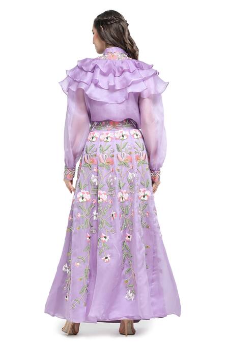 Shop Shruti Sancheti Purple Organza, Linen Embroidery Round Pansy Bloom Skirt With Ruffled Shirt at Aza Fashions Shop_Shruti Sancheti_Purple Organza, Linen Embroidery Round Pansy Bloom Skirt With Ruffled Shirt _at_Aza_Fashions