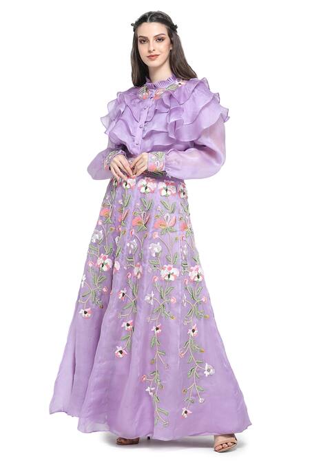 Shruti Sancheti Purple Organza, Linen Embroidery Round Pansy Bloom Skirt With Ruffled Shirt Online at Aza Fashions Shruti Sancheti_Purple Organza, Linen Embroidery Round Pansy Bloom Skirt With Ruffled Shirt _Online_at_Aza_Fashions