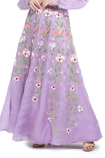 Buy Shruti Sancheti Purple Organza, Linen Embroidery Round Pansy Bloom Skirt With Ruffled Shirt Online at Aza Fashions Buy_Shruti Sancheti_Purple Organza, Linen Embroidery Round Pansy Bloom Skirt With Ruffled Shirt _Online_at_Aza_Fashions