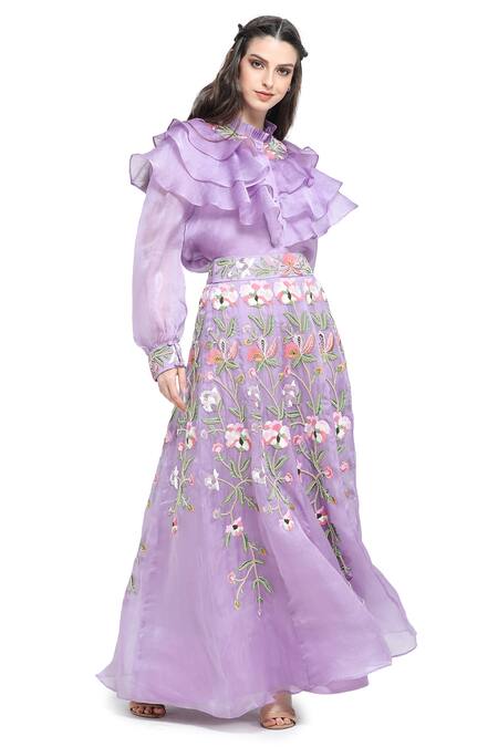 Shop Shruti Sancheti Purple Organza, Linen Embroidery Round Pansy Bloom Skirt With Ruffled Shirt Online at Aza Fashions Shop_Shruti Sancheti_Purple Organza, Linen Embroidery Round Pansy Bloom Skirt With Ruffled Shirt _Online_at_Aza_Fashions
