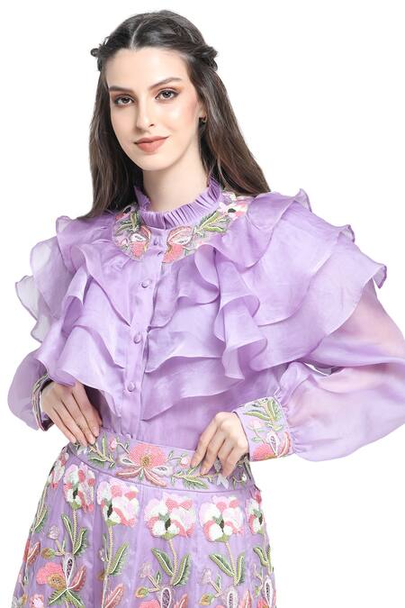 Shruti Sancheti Purple Organza, Linen Embroidery Round Pansy Bloom Skirt With Ruffled Shirt at Aza Fashions Shruti Sancheti_Purple Organza, Linen Embroidery Round Pansy Bloom Skirt With Ruffled Shirt _at_Aza_Fashions