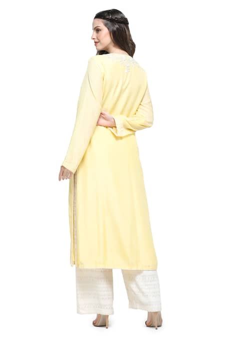 Shop Shruti Sancheti Yellow Silk, Cotton Embroidery Round Neck Dahlia Fleur Yoke Kurta Palazzo Set at Aza Fashions Shop_Shruti Sancheti_Yellow Silk, Cotton Embroidery Round Neck Dahlia Fleur Yoke Kurta Palazzo Set _at_Aza_Fashions