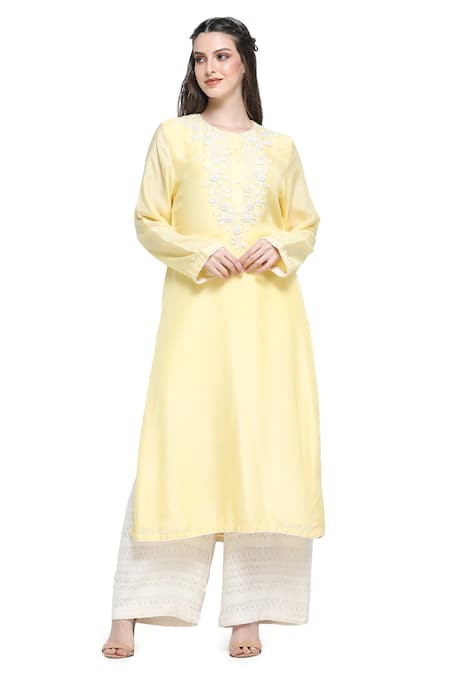Buy Shruti Sancheti Yellow Silk, Cotton Embroidery Round Neck Dahlia Fleur Yoke Kurta Palazzo Set Online at Aza Fashions Buy_Shruti Sancheti_Yellow Silk, Cotton Embroidery Round Neck Dahlia Fleur Yoke Kurta Palazzo Set _Online_at_Aza_Fashions