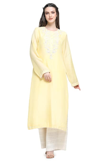 Shruti Sancheti Yellow Silk, Cotton Embroidery Round Neck Dahlia Fleur Yoke Kurta Palazzo Set at Aza Fashions Shruti Sancheti_Yellow Silk, Cotton Embroidery Round Neck Dahlia Fleur Yoke Kurta Palazzo Set _at_Aza_Fashions