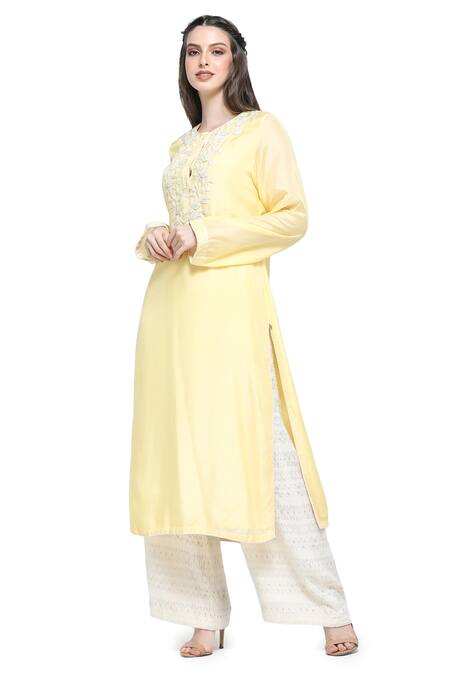 Buy Shruti Sancheti Yellow Silk, Cotton Embroidery Round Neck Dahlia Fleur Yoke Kurta Palazzo Set Buy_Shruti Sancheti_Yellow Silk, Cotton Embroidery Round Neck Dahlia Fleur Yoke Kurta Palazzo Set