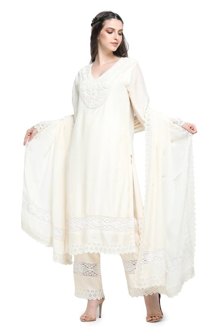 Shruti Sancheti White Silk Pearl Embellished Straight Kurta Pant Set 