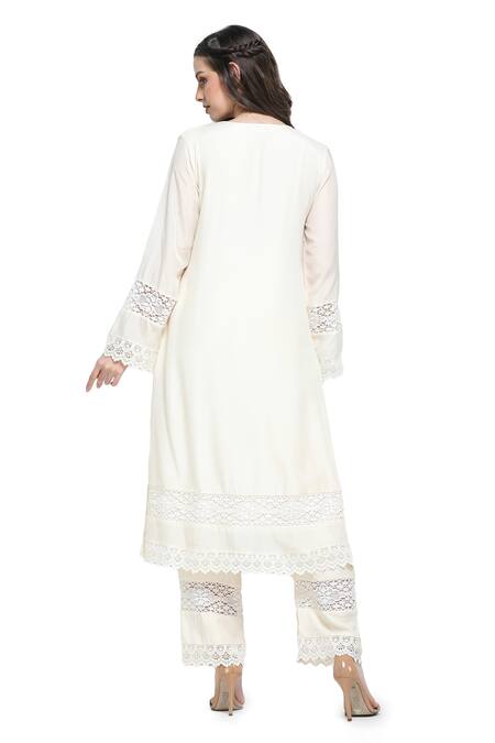 Shop Shruti Sancheti White Silk Lace, Pearls V-neck Florid Embellished Straight Kurta Pant Set at Aza Fashions Shop_Shruti Sancheti_White Silk Lace, Pearls V-neck Florid Embellished Straight Kurta Pant Set _at_Aza_Fashions
