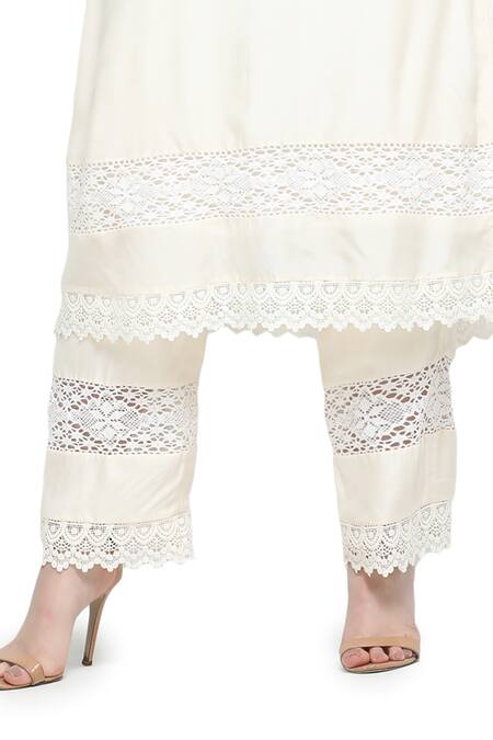 Shop Shruti Sancheti White Silk Lace, Pearls V-neck Florid Embellished Straight Kurta Pant Set Online at Aza Fashions Shop_Shruti Sancheti_White Silk Lace, Pearls V-neck Florid Embellished Straight Kurta Pant Set _Online_at_Aza_Fashions