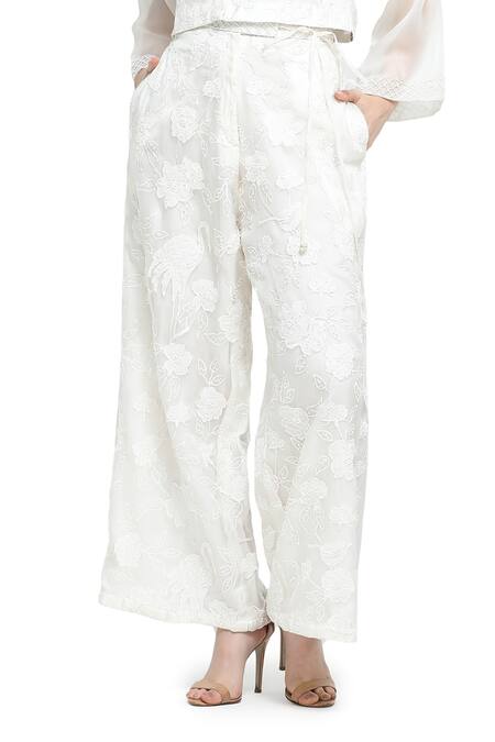 Shruti Sancheti White Organza Pearls, Applique Camellia Floral Tie-up Top With Flared Pant Online at Aza Fashions Shruti Sancheti_White Organza Pearls, Applique Camellia Floral Tie-up Top With Flared Pant _Online_at_Aza_Fashions