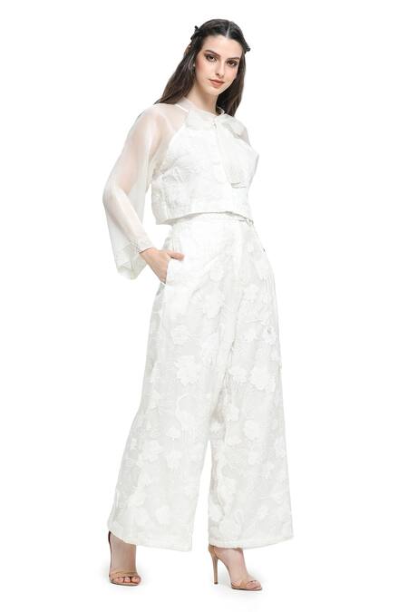 Shop Shruti Sancheti White Organza Pearls, Applique Camellia Floral Tie-up Top With Flared Pant Online at Aza Fashions Shop_Shruti Sancheti_White Organza Pearls, Applique Camellia Floral Tie-up Top With Flared Pant _Online_at_Aza_Fashions