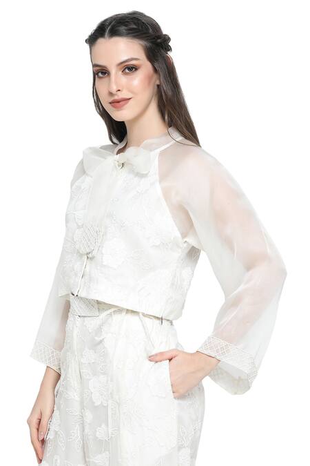 Shruti Sancheti White Organza Pearls, Applique Camellia Floral Tie-up Top With Flared Pant at Aza Fashions Shruti Sancheti_White Organza Pearls, Applique Camellia Floral Tie-up Top With Flared Pant _at_Aza_Fashions