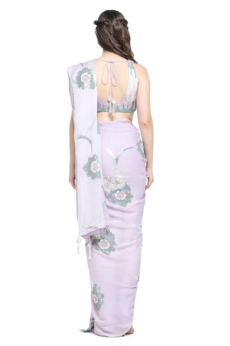 Shop Shruti Sancheti Purple Chiffon, Linen Sequins Round Neck Gardenia Embroidered Saree With Blouse at Aza Fashions Shop_Shruti Sancheti_Purple Chiffon, Linen Sequins Round Neck Gardenia Embroidered Saree With Blouse _at_Aza_Fashions