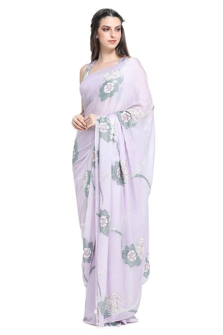 Shruti Sancheti Purple Chiffon, Linen Sequins Round Neck Gardenia Embroidered Saree With Blouse Online at Aza Fashions Shruti Sancheti_Purple Chiffon, Linen Sequins Round Neck Gardenia Embroidered Saree With Blouse _Online_at_Aza_Fashions