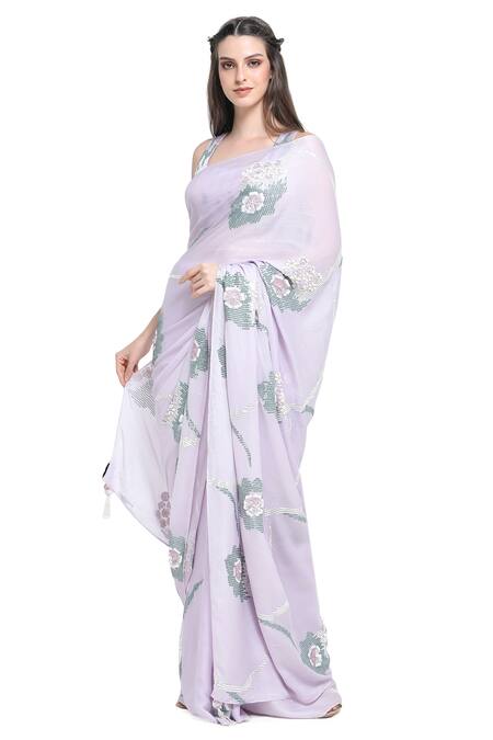 Buy Shruti Sancheti Purple Chiffon, Linen Sequins Round Neck Gardenia Embroidered Saree With Blouse Online at Aza Fashions Buy_Shruti Sancheti_Purple Chiffon, Linen Sequins Round Neck Gardenia Embroidered Saree With Blouse _Online_at_Aza_Fashions