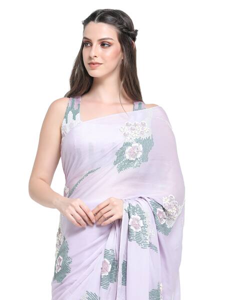 Shop Shruti Sancheti Purple Chiffon, Linen Sequins Round Neck Gardenia Embroidered Saree With Blouse Online at Aza Fashions Shop_Shruti Sancheti_Purple Chiffon, Linen Sequins Round Neck Gardenia Embroidered Saree With Blouse _Online_at_Aza_Fashions
