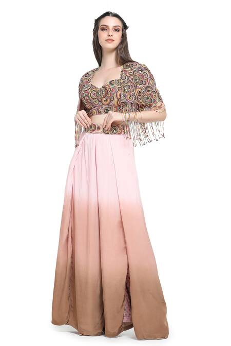 Shop_Shruti Sancheti_Brown Viscose, Crepe Beads, Crystals, Circlet Maze Embellished Cape Palazzo Set _Online_at_Aza_Fashions