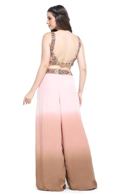 Buy_Shruti Sancheti_Brown Viscose, Crepe Beads, Crystals, Circlet Maze Embellished Cape Palazzo Set 