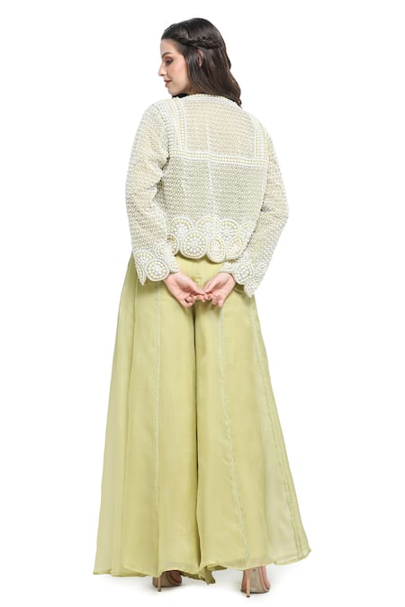 Shop Shruti Sancheti Green Organza, Linen Pearls, Embroidery Round Neck, Jaal Jacket Palazzo Set at Aza Fashions Shop_Shruti Sancheti_Green Organza, Linen Pearls, Embroidery Round Neck, Jaal Jacket Palazzo Set _at_Aza_Fashions