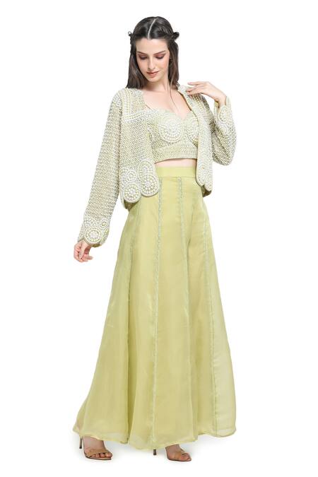 Buy Shruti Sancheti Green Organza, Linen Pearls, Embroidery Round Neck, Jaal Jacket Palazzo Set Online at Aza Fashions Buy_Shruti Sancheti_Green Organza, Linen Pearls, Embroidery Round Neck, Jaal Jacket Palazzo Set _Online_at_Aza_Fashions